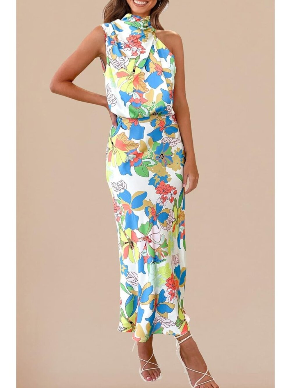 Women Print Multicolored Satin Elegant Sleeveless Mock Neck Cocktail Maxi Dress - Picture 2 of 6